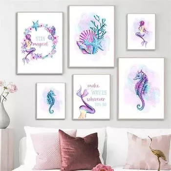 Mermaid Poster Cartoon Starfish Wall Art Hippocampus Nordic Poster and Print White Purple Canvas Painting Picture Home Decor No Frame 21*30cm No Frame