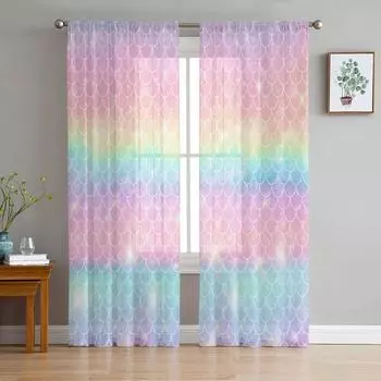 Mermaid Scales Ocean Rainbow Sheer Curtains for Bedroom Living Room Decoration Window Curtain Kitchen Tulle Voile Organza Drapes W135 x H115cm x1&Rod Pocket