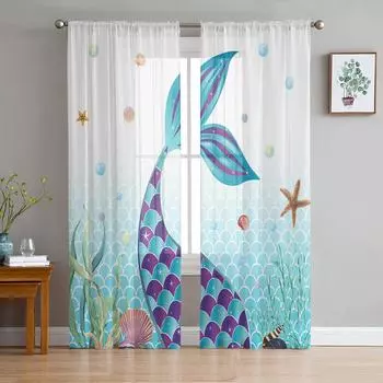 Mermaid Tail Ocean Coral Shell Starfish Sheer Curtains for Living Room Decoration Window Curtains Kitchen Tulle Voile Curtains W135 x H115cm x1
