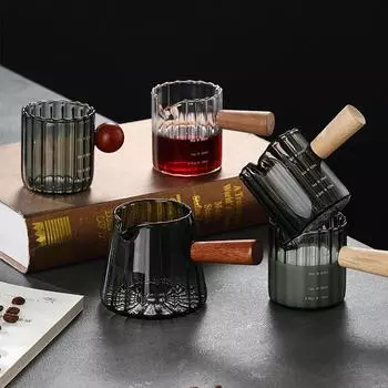 Мерная кружка 75 мл с деревянной ручкой, стеклянный мерный стакан с носиком, кувшин для вспенивания молока, прозрачные стеклянные аксессуары для эспрессо 75ml Spouts Scale