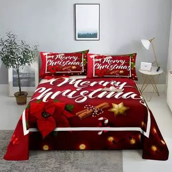 Merry Christmas Bed Sheet Set with Pillowcase 3D Print Santa Claus Home Decor New Year King Queen Full Size Red Bed Flat Sheet 110x230cm 2pcs