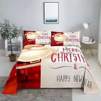 Счастливого Рождества Комплект простыней с наволочкой 3D-печать Санта-Клаус Домашний декор Новый год Кинг Квин Полный размер Красная Простыня 70x133cm 2pcs