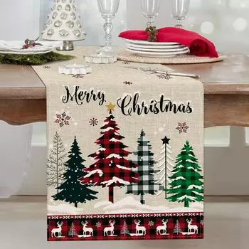 Merry Christmas Buffalo Plaid Xmas Tree Pattern Linen Table Runners Winter Holiday Wedding Party Decor Navidad Decorations 2025 150x33cm 59x13inch