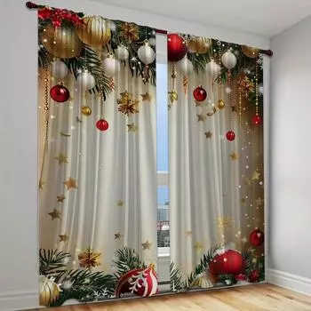Merry Christmas, Christmas Golden Balloon Snowflake Festive Curtain 2 Panels Deluxe Living Room Bedroom Kids Room Windows Decor (W50H130cm)-2pcs&Hook