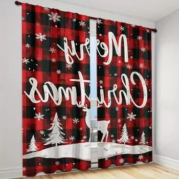 Merry Christmas Elk Bell Red Curtains 2pcs Rod Pocket Design For Easy Hanging For Living Room Bedroom Decor Machine Washable 100W130H(CM)&Grommet Top