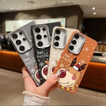 Merry Christmas Elk Print Leather Texture Case For Samsung S24 FE S23 Ultra S22 A55 A16 A54 A35 A15 A34 A14 Soft Matte TPU Shockproof Slim Phone Cover Samsung S24 чёрный