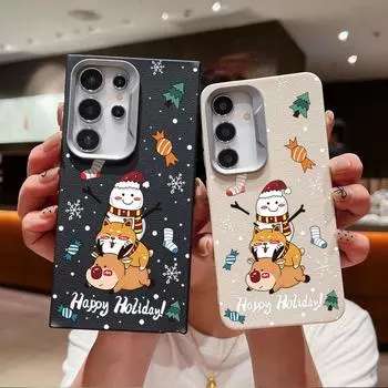 Merry Christmas Elk Snowman Pattern Soft Case For Samsung S24 FE S23 S22 Ultra A55 A16 A54 A35 A15 A34 A52 A14 Slim Matte TPU Shockproof Phone Cover Samsung S24 чёрный