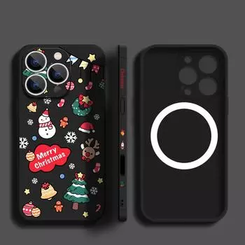 Merry Christmas Elk Tree Print Matte Magnetic Case For iPhone 16 Plus 15 Pro Max 14 Pro 13 12 11 for Magsafe Shockproof Slim Soft Lanyard Phone Cover iPhone 16 чёрный