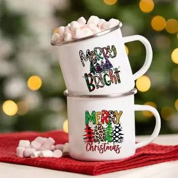 Merry Christmas Enamel Mug Christmas Eve Hot Chocolate Mug Cute Xmas Tree Cup Xmas Eve Box Filler Holiday Gift for Friends 360ml