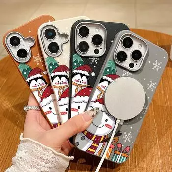 Merry Christmas Gift Snowman Pattern TPU Soft Matte Case For iPhone 16 Pro Max 15 Pro 14 Plus 13 12 11 for MagSafe Shockproof Magnetic Phone Cover iPhone 16 чёрный