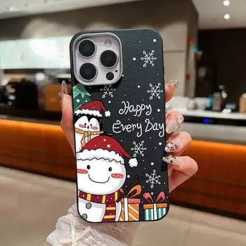 Merry Christmas Gift Snowman Print Leather Texture Slim Case For iPhone 16 Pro Max 15 Pro 14 Plus 13 12 11 XR 8 Shockproof Soft TPU Matte Phone Cover iPhone 16 бежевый