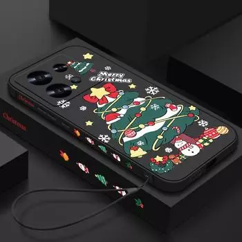 Merry Christmas Gift Tree Print Soft Matte Phone Case For Xiaomi 13T Poco F6 X6 Pro Redmi Note 13 12 11 Pro 10 TPU Slim Shockproof Lanyard Cover Redmi Note 13 4G чёрный