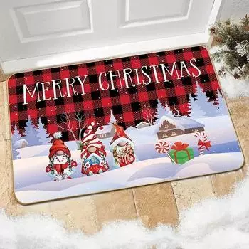 Merry Christmas Gnome Snowflake Red Check Entrance Doormat Home Decor Kitchen Hallway Balcony Rugs Bathroom Non-slip Mat 40X60cm-16x24in