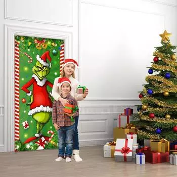 Merry Christmas Grinch Door Cover Banner Green Backdrop