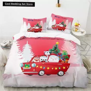 Merry Christmas King Queen Duvet Red Cartoon Santa Car Animals Bedding Set for Children Boy Girl Happy Holiday Theme Quilt Cover EU single(135x200cm)