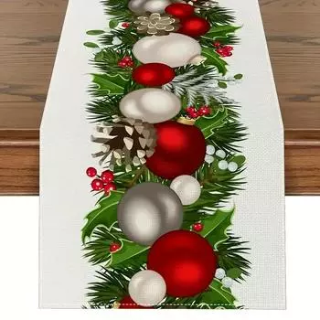Merry Christmas Linen Table Runners Christmas Ball Buffalo Plaid Table Runner Dresser Scarf Table Decor Home Party Kitchen Decor 150x33cm 59x13inch