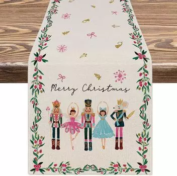 Merry Christmas Nutcrackers Cartoon Linen Table Runner Dresser Scarf for Winter Holiday Party Decor Kitchen Dining Table Decor 150x33cm 59x13inch