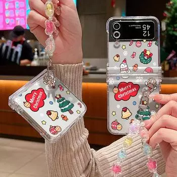 Merry Christmas Pattern Slim Clear 2pcs Folding Case For Samsung Galaxy Z Flip6 Flip5 Flip4 Flip3 Bracelet Lanyard Shockproof Hard PC Phone Cover Samsung Z Flip6
