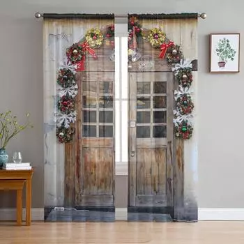 Merry Christmas Rustic Door Tulle Curtains For Living Room Bedroom Kitchen Decoration Chiffon Sheer Voile Window Curtains Drape W135 x H115cm x1&Rod Pocket