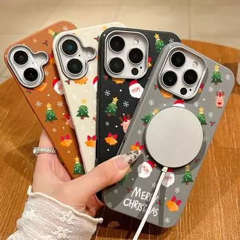 Merry Christmas Santa Elk Pattern Magnetic Case For iPhone 16 Pro Max 15 Plus 14 Pro 13 12 11 Shockproof TPU Soft Matte for MagSafe Phone Cover iPhone 16 чёрный