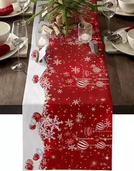 Merry Christmas Snowflake Red Xmas Balls Linen Table Runner Dresser Scarf Winter Xmas Party Table Decor Navidad Decorations 2025 150x33cm 59x13inch
