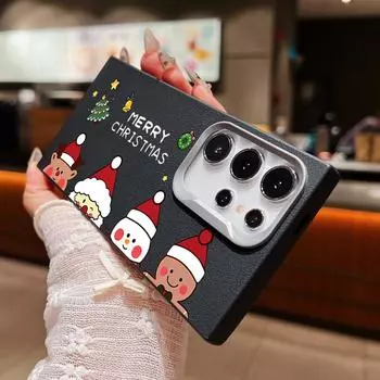 Merry Christmas Snowman Elk Print Leather Texture Case For Samsung S24 FE S23 Ultra S22 A16 A55 A54 A35 A34 Soft TPU Matte Shockproof Slim Phone Cover Samsung S24 чёрный
