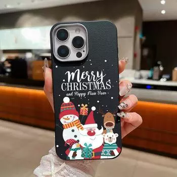 Merry Christmas Snowman Elk Print Soft TPU Case For iPhone 16 Pro Max 15 Pro 14 Plus 13 12 11 XS XR 8 7 Leather Texture Shockproof Matte Phone Cover iPhone 16 бежевый