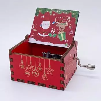 Merry Christmas Theme Music Box Carving Wooden Hand Crank Music Box Santa Claus New Year Christmas Gift for Children Friend