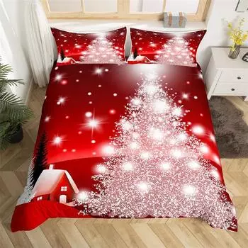 Merry Christmas Tree Bedding Set Red Duvet Cover Set Xmas Snowflake Glitter Comforter Cover Microfiber Twin King Bedspread Cover EU single(135x200cm)
