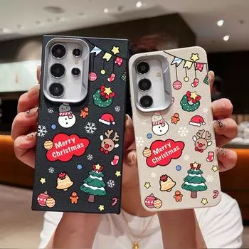 Merry Christmas Tree Elk Pattern Matte Slim Case For Samsung S24 FE S23 Ultra S22 A16 A55 A35 A54 A34 A14 Shockproof Leather Texture Soft TPU Cover Samsung S24 чёрный