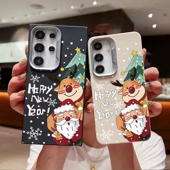 Merry Christmas Tree Elk Santa Pattern TPU Slim Case For Samsung S24 FE S23 Ultra S22 A55 A16 A54 A35 A15 A34 A14 Matte Soft Shockproof Phone Cover Samsung S24 чёрный