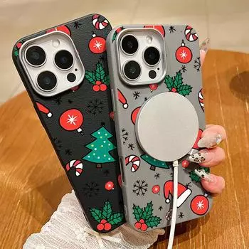 Merry Christmas Tree Hat Pattern Magnetic Case For iPhone 16 Plus 15 Pro Max 14 Pro 13 12 11 for MagSafe Matte Shockproof Soft TPU Phone Cover iPhone 16 чёрный