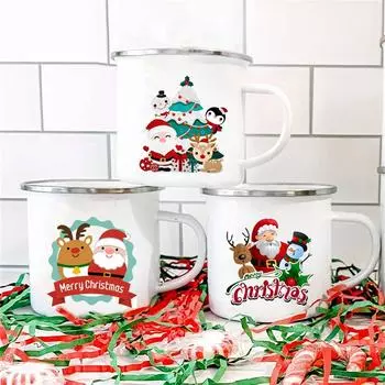 Merry Christmas Tree Snowman Santa Printed Mug Enamel Handle Coffee cup Banquet Party Drinking Mugs Gift for Family Lover Friend