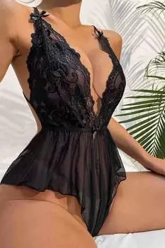 Merry See Lace Nightgown Babydoll Bodysuit Black