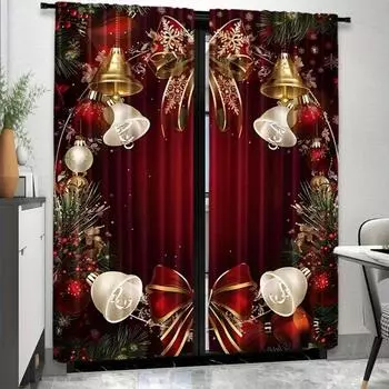 Merry Xmas 2pcs Rustic Curtain Set - Red & Green, Rod Pocket Design For Bedroom & Living Room Decor, Semi-Sheer Polyester Window 2x50W160H(CM)40x63in&Hook