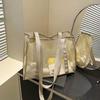 Mesh bag 2025 new fashionable large-capacity shoulder portable shopping bag women s leisure beach tote bag чёрный