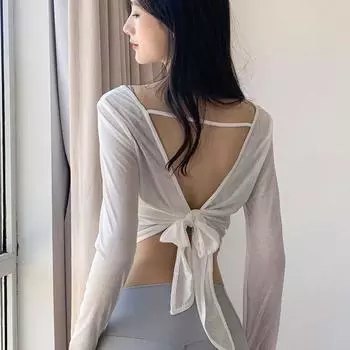 Mesh Beauty Back Split Knotted Yoga Long Sleeves Women s Quick-Drying Breathable Cooldry Sports Workout Blouse Loose Thin White S