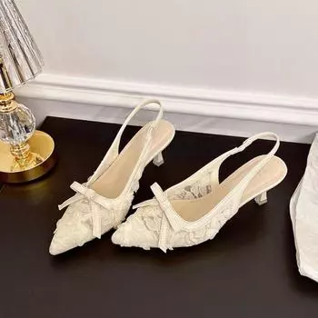 Mesh bow high heels summer new pointed stiletto empty sandals sweet with skirt single shoes 36