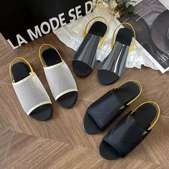 Mesh breathable flat-soled sandals women s one-word broadband leather one-pedal rear strap open-toed Roman shoes half slippers summer 35