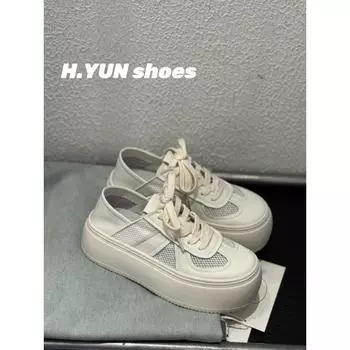 Mesh breathable leather little white shoes women s summer thin light soft sole stepping heel two wear fashion casual board shoes 35 белый