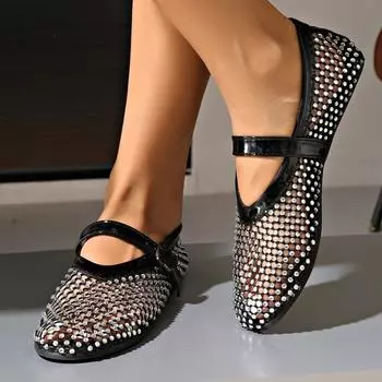 Mesh Breathable Rhinestones Fashionable Women s New Buckle Flat Soft Sole Mary Jane Shoes 2025 Summer Luxury Women Sandals 35