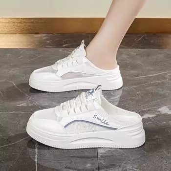 Mesh breathable slippers new summer casual little white shoes platform fashion bag head half tray 35