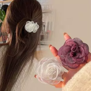 Mesh Camellia Shark Clip Cloth Flower Claw Clip Sweet Simulation Flower Hair Claw Party синий