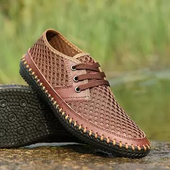Mesh Casual Leather Shoes For Men Comfortable Outdoor Leather Sneakers Male Breathable Men s Shoes Trend Walking Shoes Summer 39