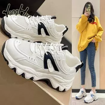 Mesh Cloth Breathable Comfortable Casual Women Sneakers College Style 2024 New Fashion Summer Thick Bottom Sport Women s Shoes 35 чёрный