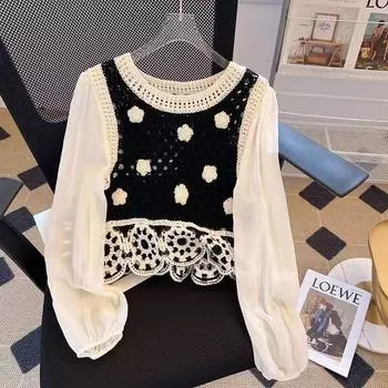 Mesh fake two-piece knitted sweater women s long-sleeved spring and autumn new lace crochet hollow short top 3 Average size - 80-60 kg чёрный