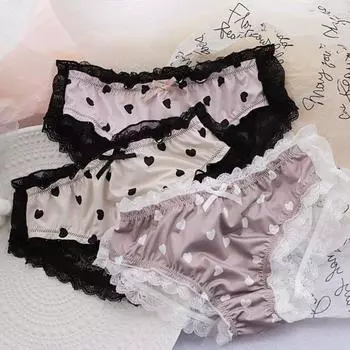Mesh Flower Lace Bow Panties Love Pattern Briefs for Women Sweet Transparent Underpants Girl L