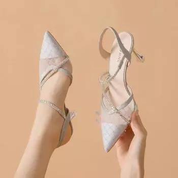 Mesh high heels with niche temperament socialite half bag head sandals French summer new fairy style stiletto 35