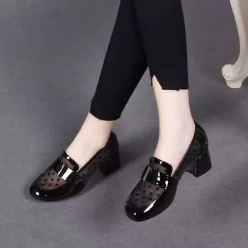 Mesh high heels women s shoes spring new round head thick heel cow patent leather women s single shoes mesh polka dot fashion shoes 34