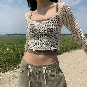 Mesh Hollow out Knitting Fall Slim Fit Long Sleeves Blouse Apricot M